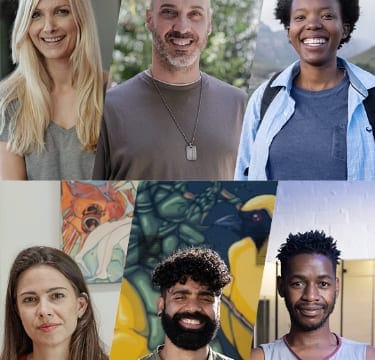 Collage of people look at camera